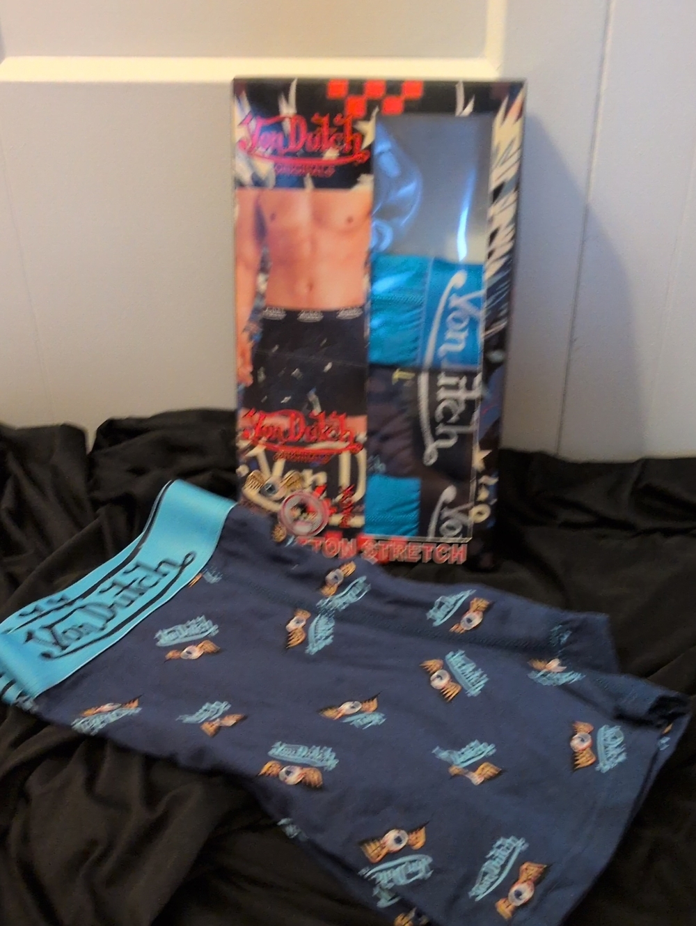 Von Dutch Navy Boxer Briefs with Teal Waistband and Multicolor Print